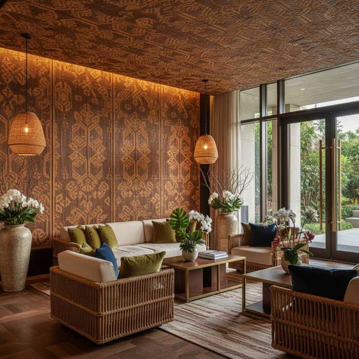 wall panel decoration for interior and exterior decor using fire retardant woven material